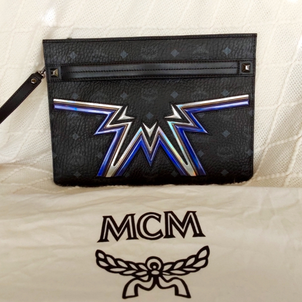MCM Black Clutch with Blue and Silver Accents